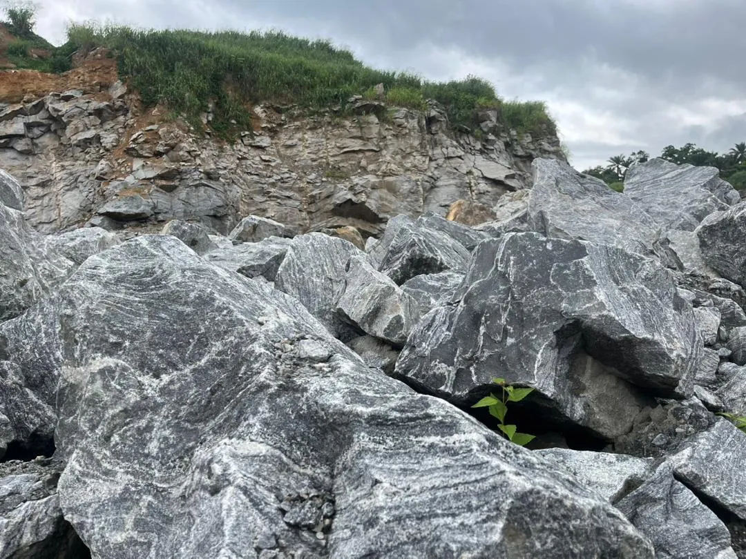 Freshly blasted granite boulders at the Owena Quarry face