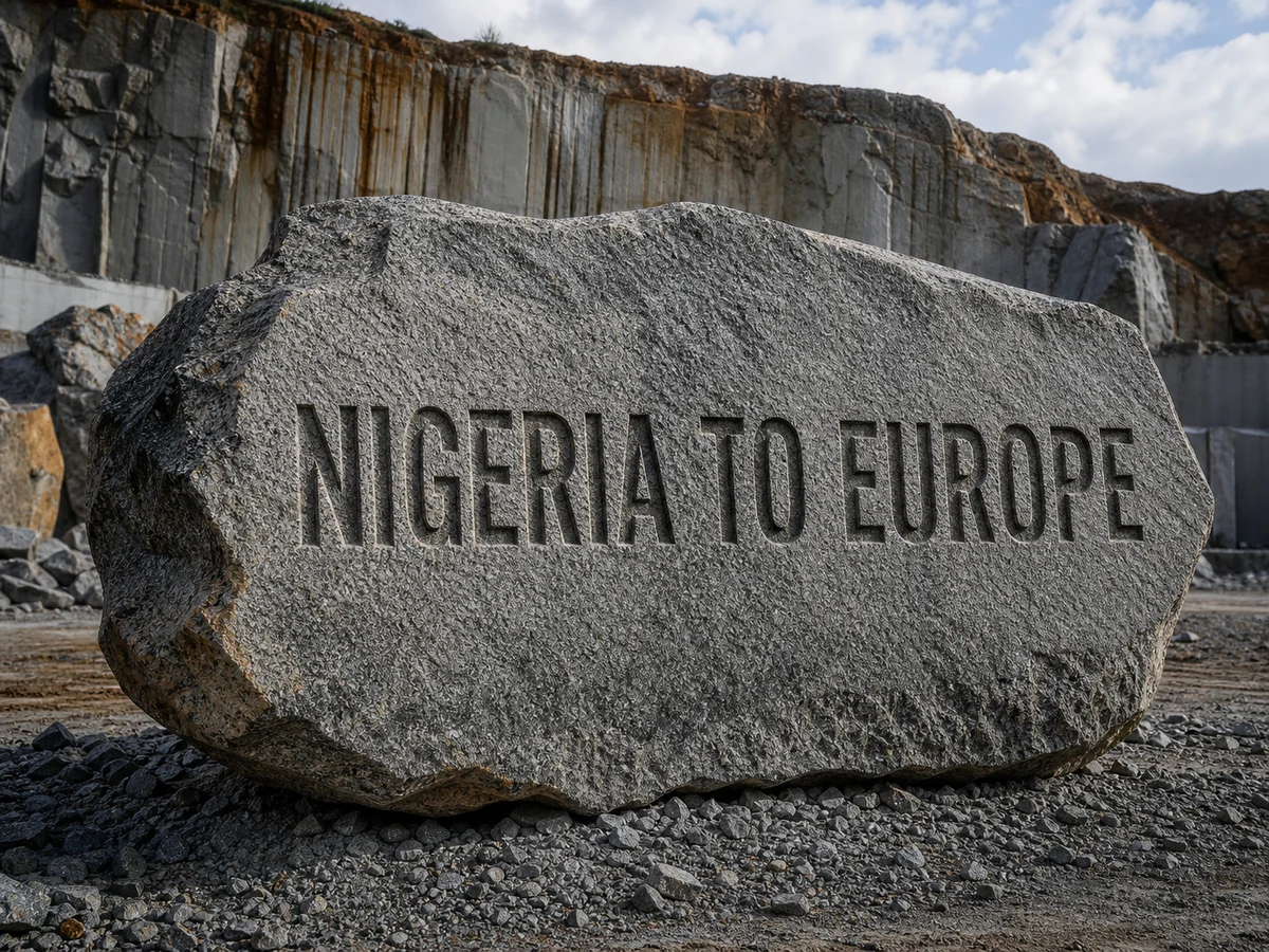 Large granite boulder with Nigeria to Europe carved into the stone