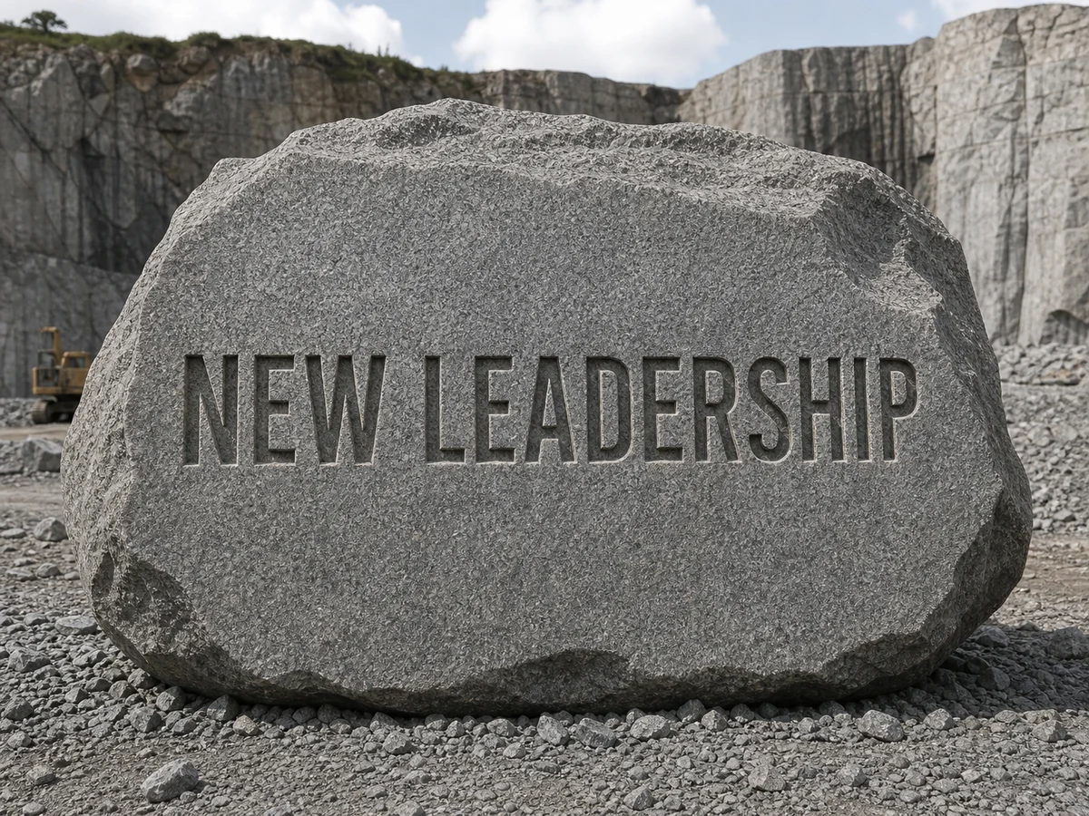 Large granite boulder with New Leadership carved into the stone