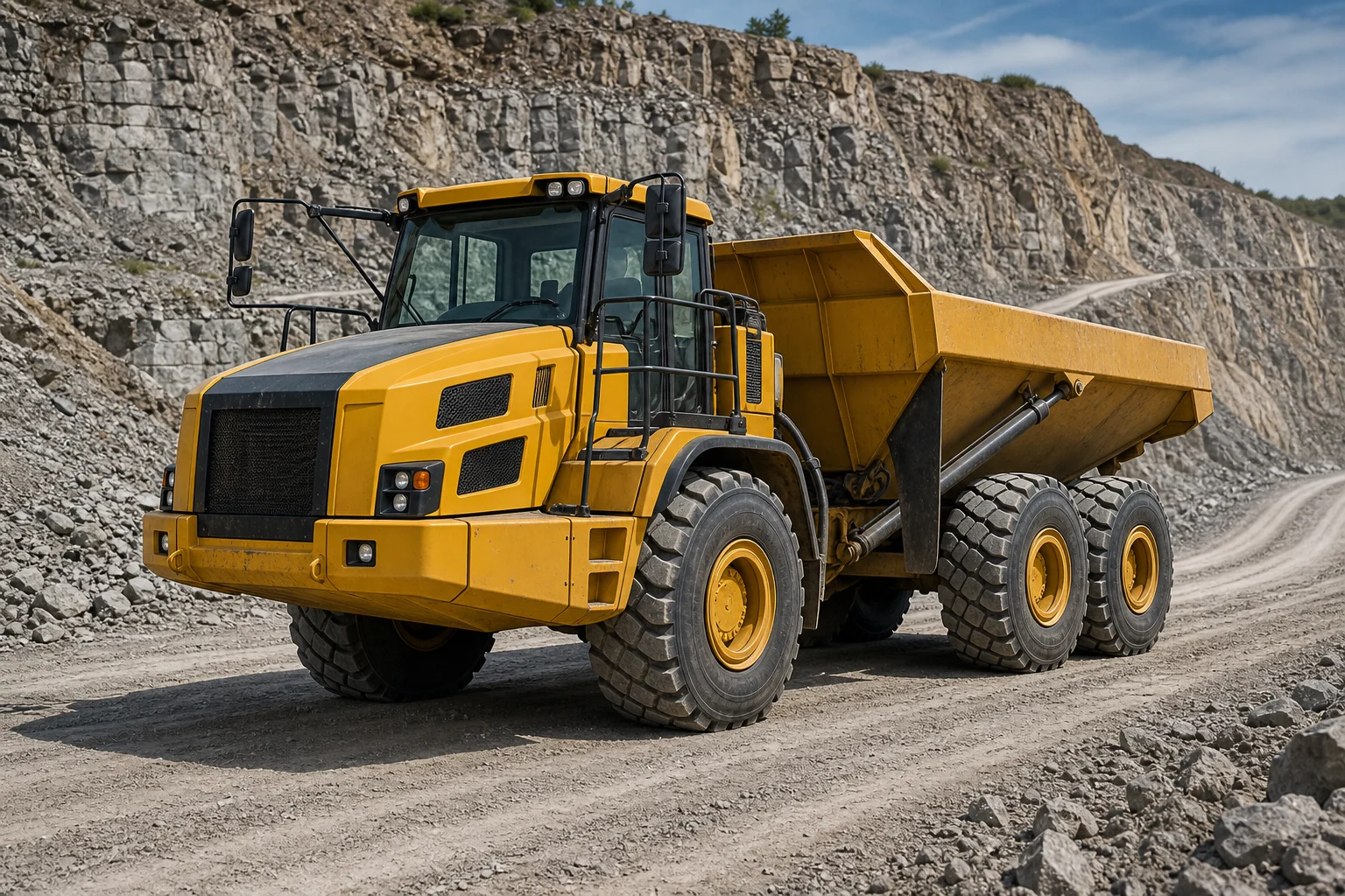 Articulated hauler on a rugged quarry haul road