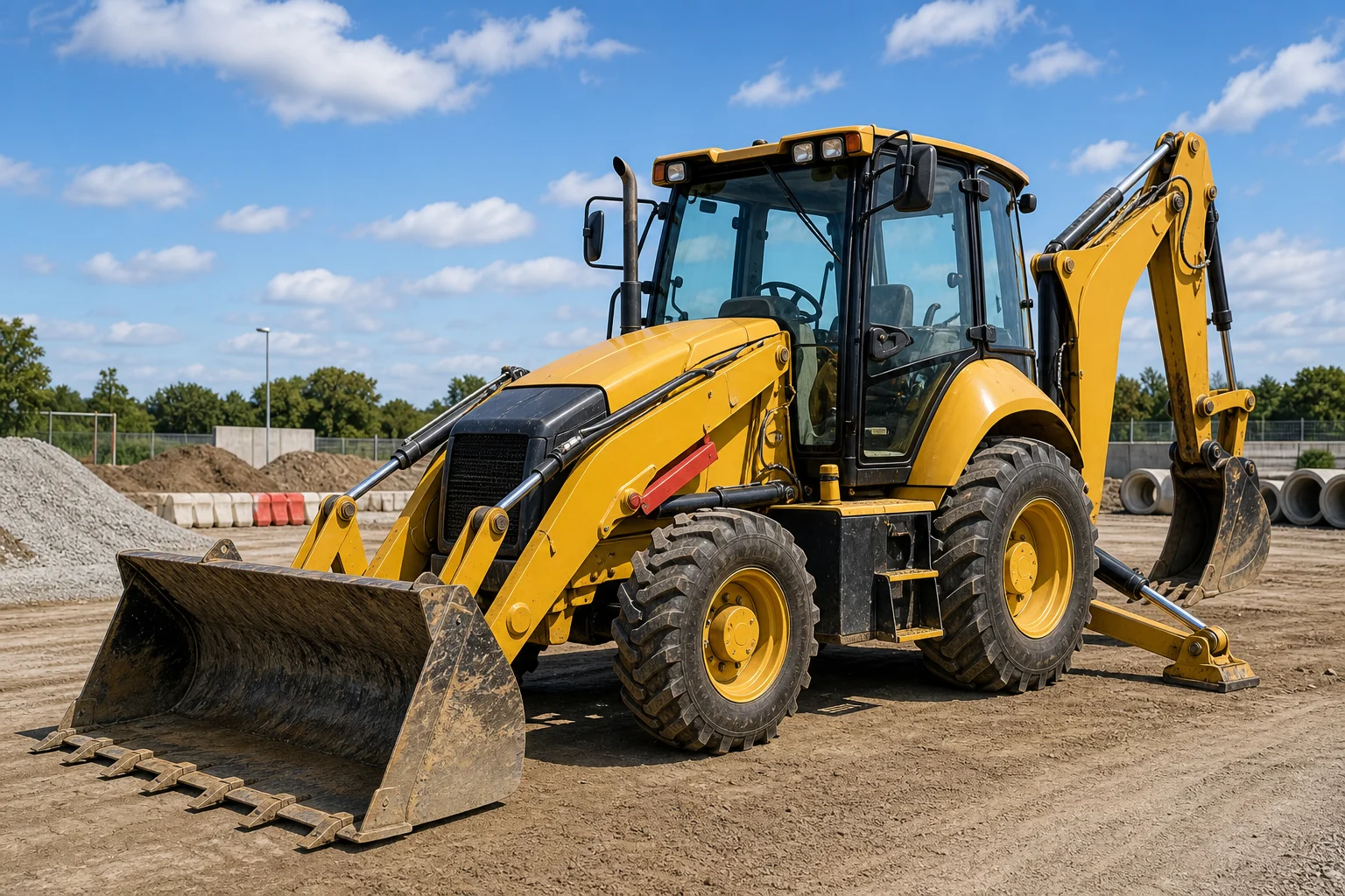 Backhoe loader with front bucket and rear digging arm