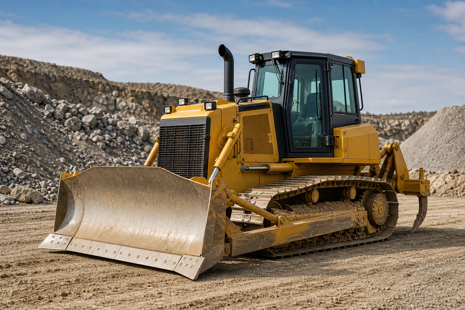 Tracked bulldozer with wide blade on a graded worksite