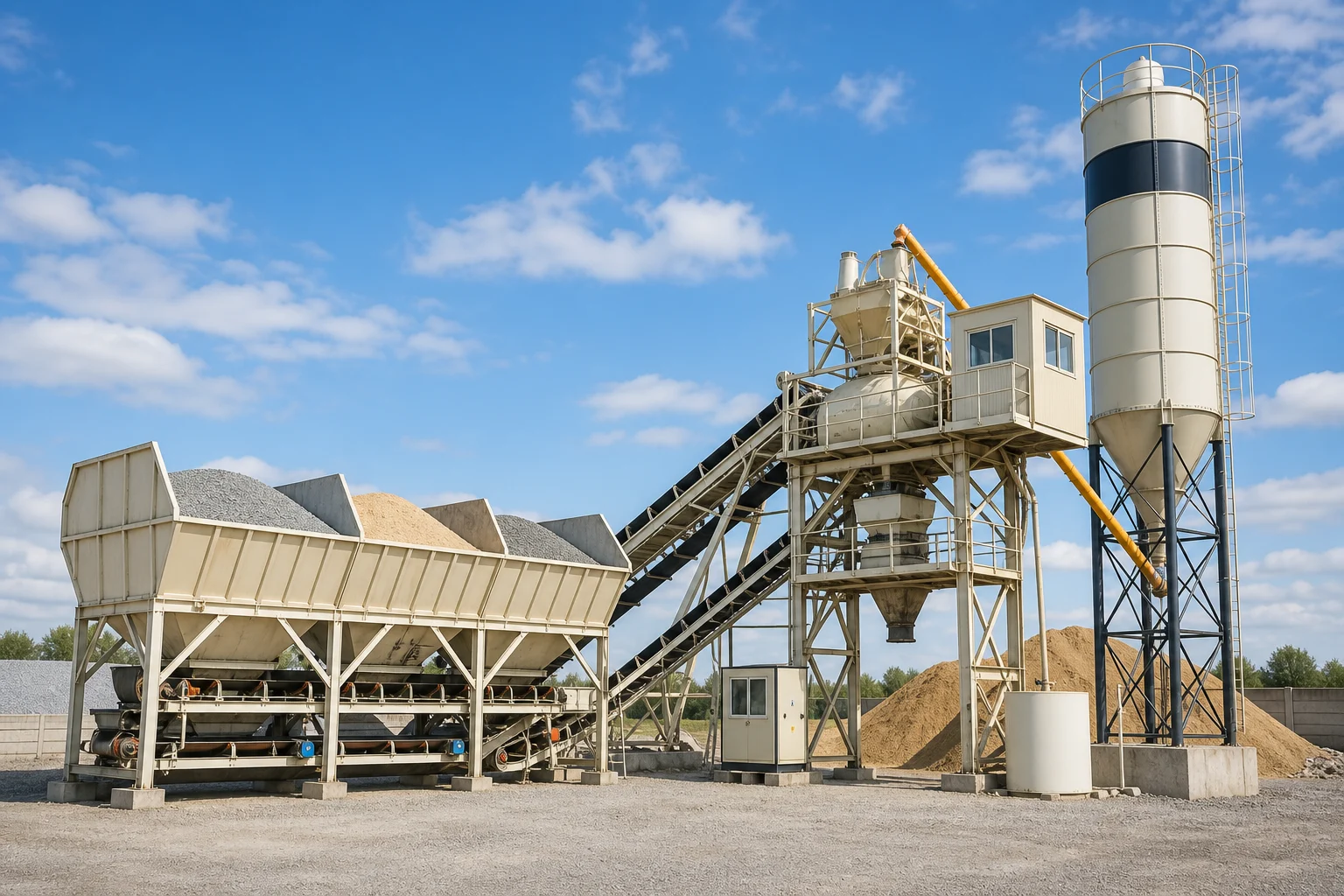 Concrete batching plant with silos, hoppers, and conveyors
