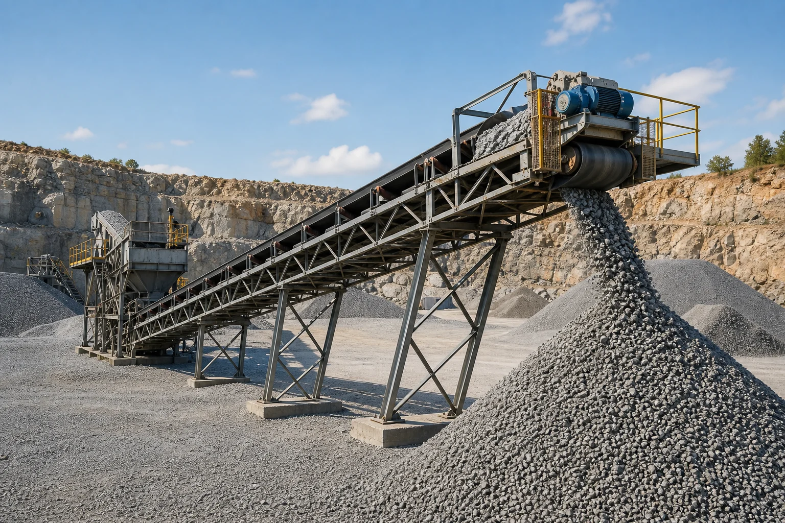 Quarry conveyor belt carrying crushed aggregate