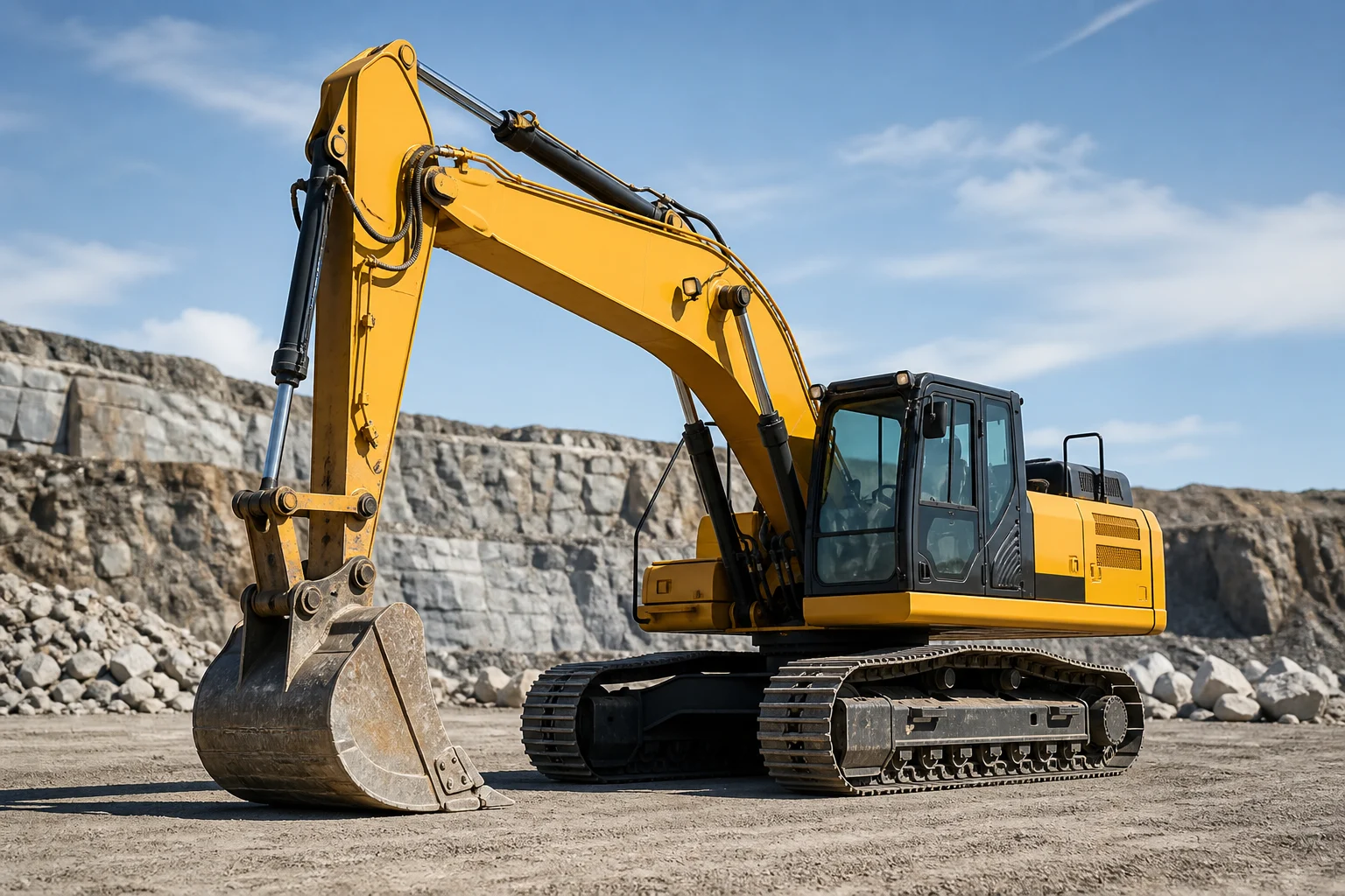 Full hydraulic crawler excavator in a granite quarry