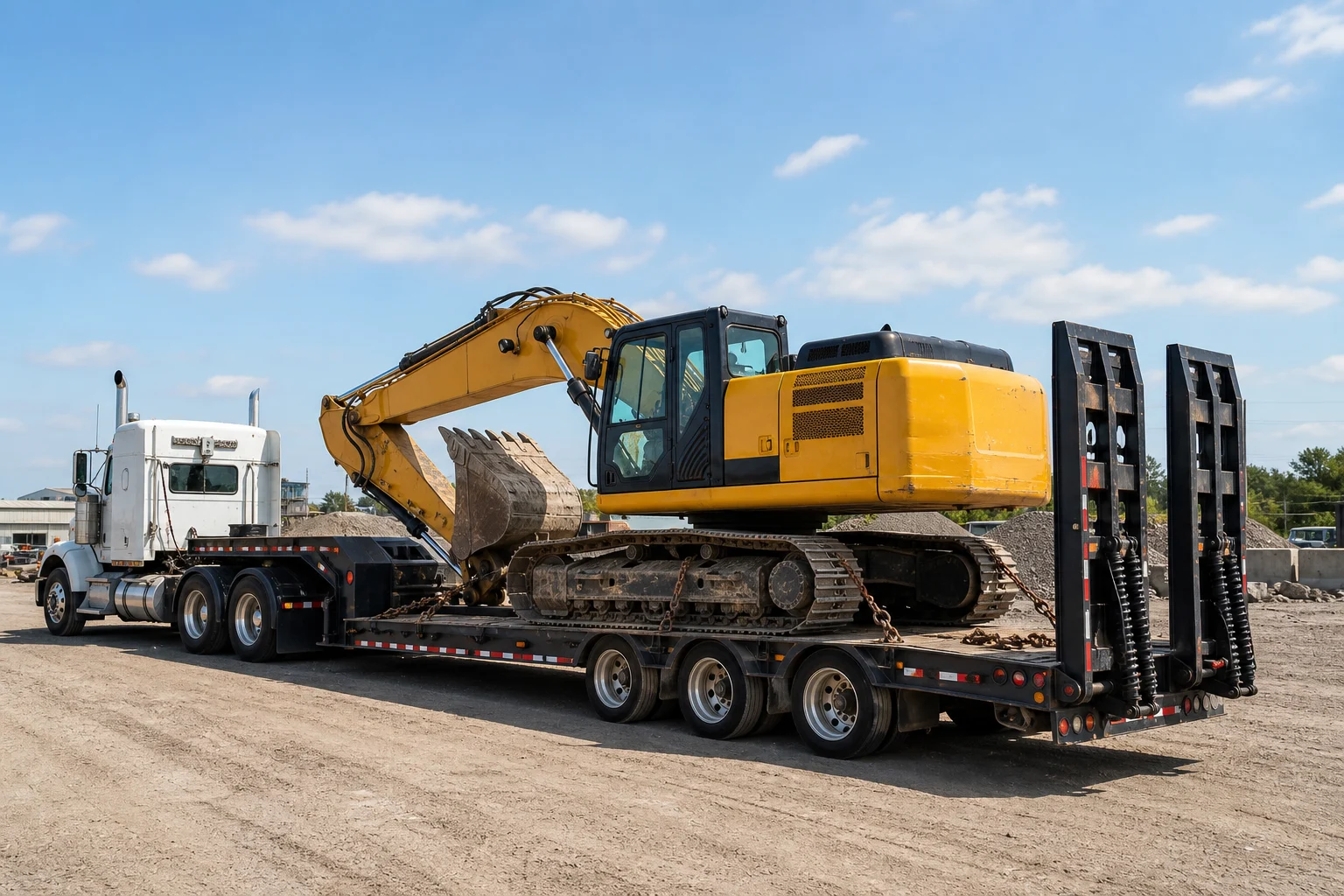 Low-bed trailer transporting a crawler excavator