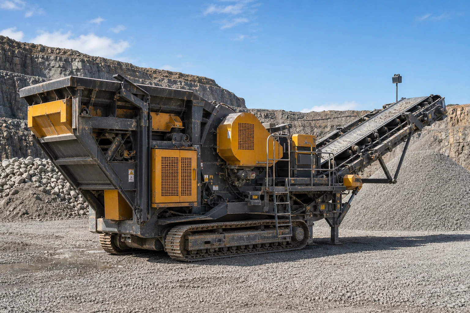 Mobile jaw crusher in a quarry processing yard