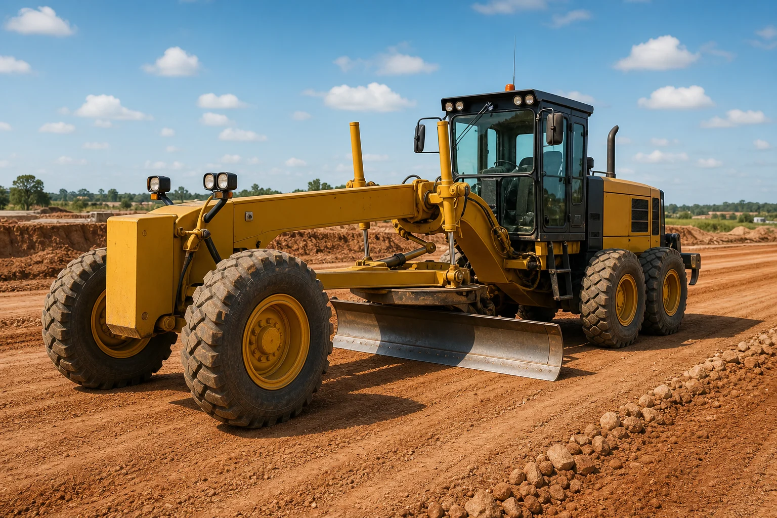 Motor grader shaping a road base