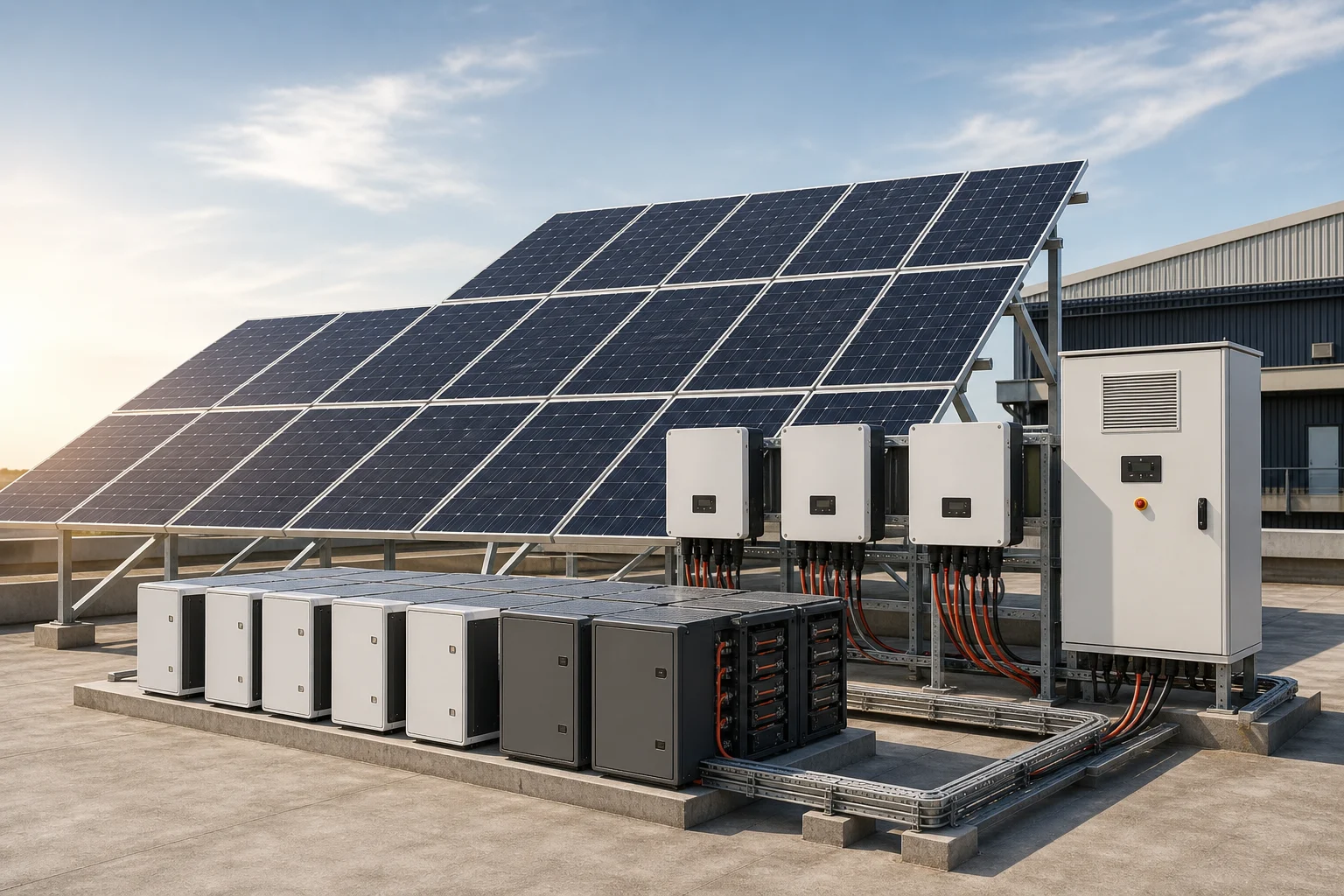 Solar panel array with inverters and battery storage units