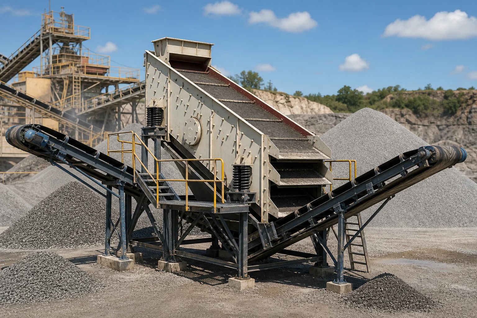 Inclined vibrating screen sorting crushed aggregate