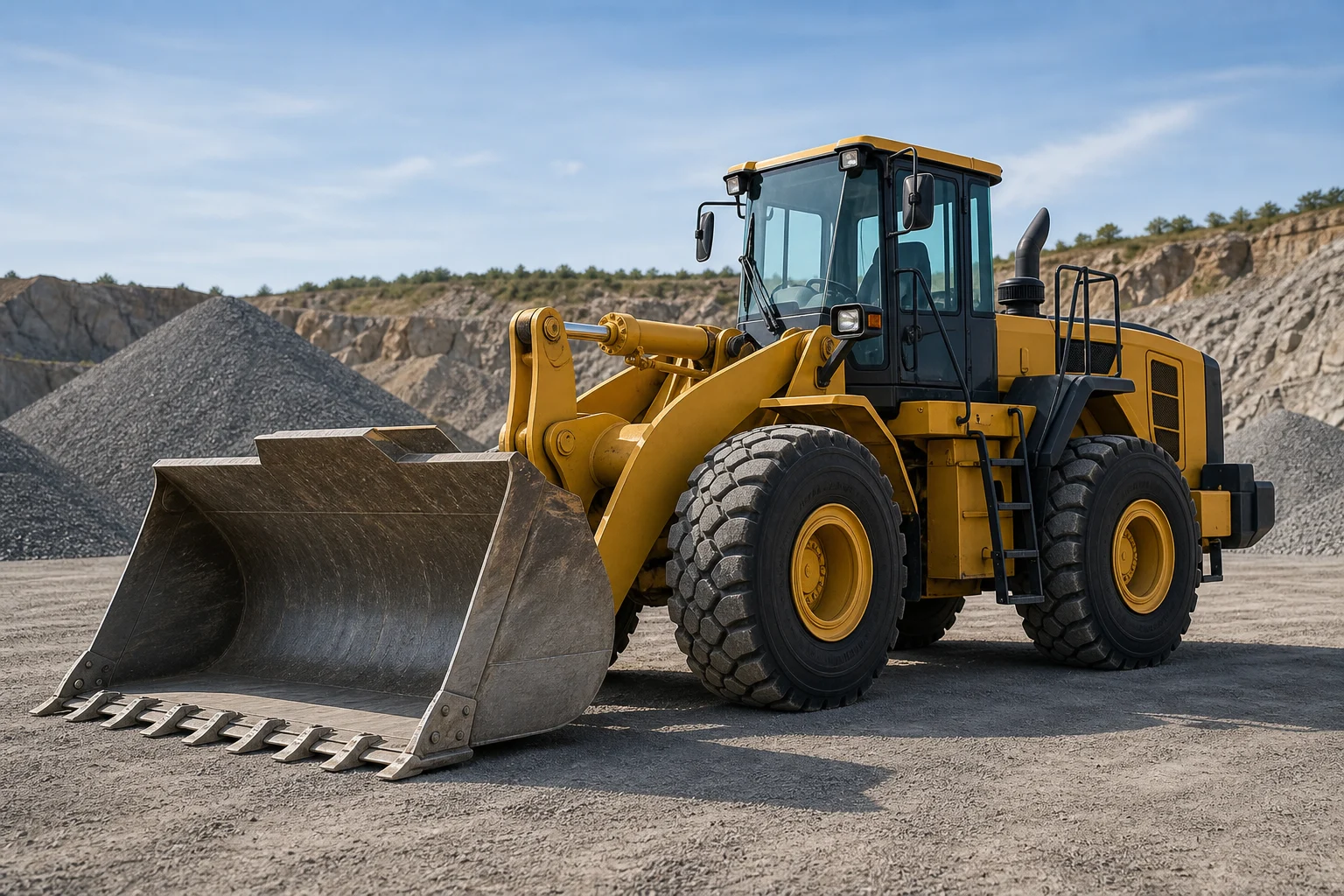 Wheel loader in a quarry stockpile yard