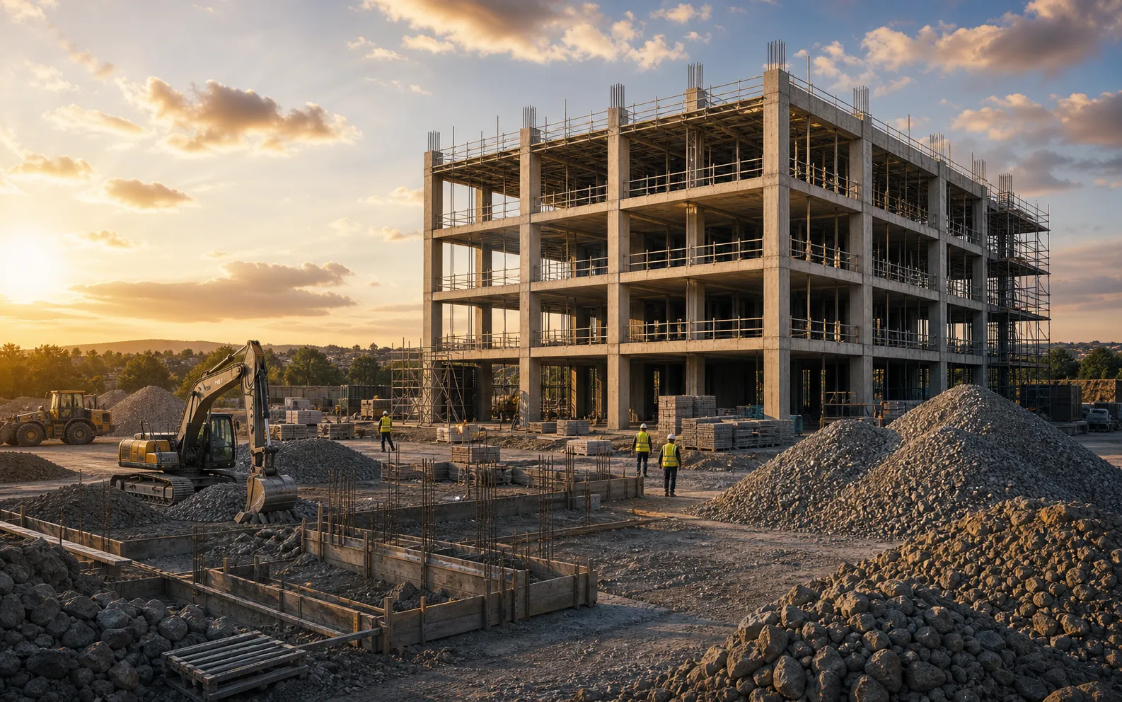 Commercial construction site with concrete frame, excavator, workers, and granite aggregate piles at sunset