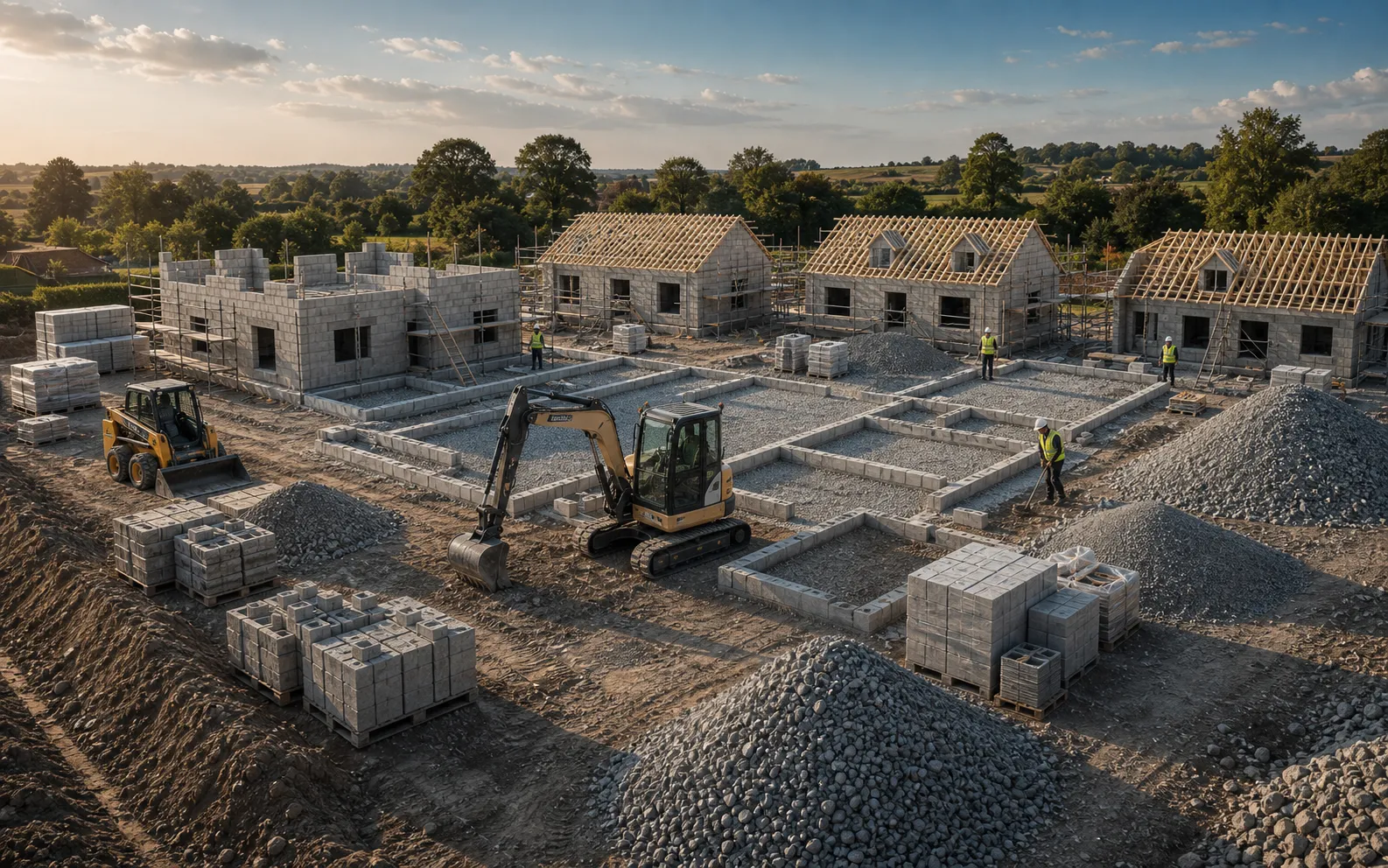 Residential development site with house frames, foundations, machinery, and granite aggregate piles