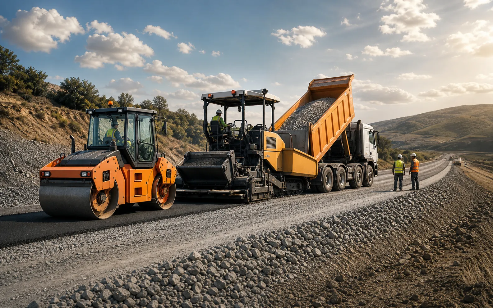 Road construction site with roller, asphalt paver, dump truck, and crushed granite base